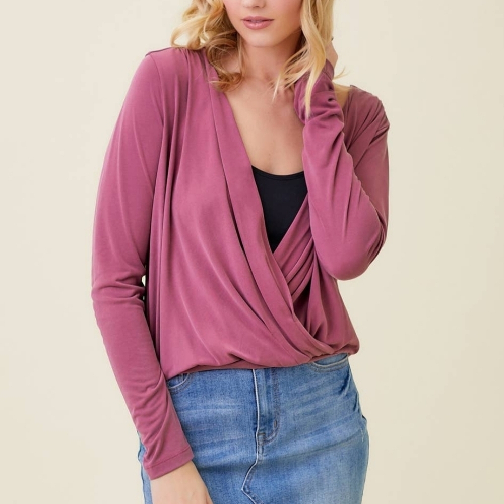 Mystree▪️Donovan Deep V-Neck Faux Wrap Drapped Long Sleeve Mauve Pink Top